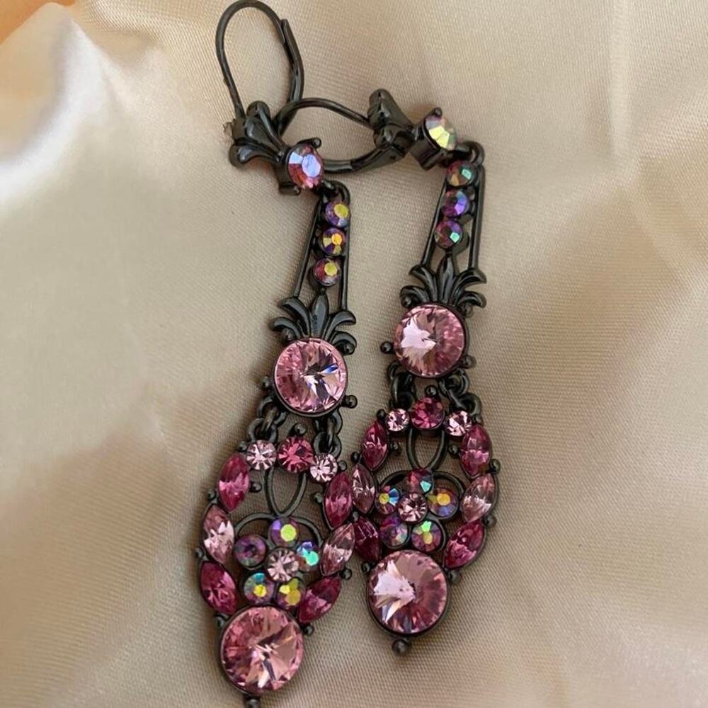 Express black chandelier teardrop earrings Pink Aurora Borealis Crystal